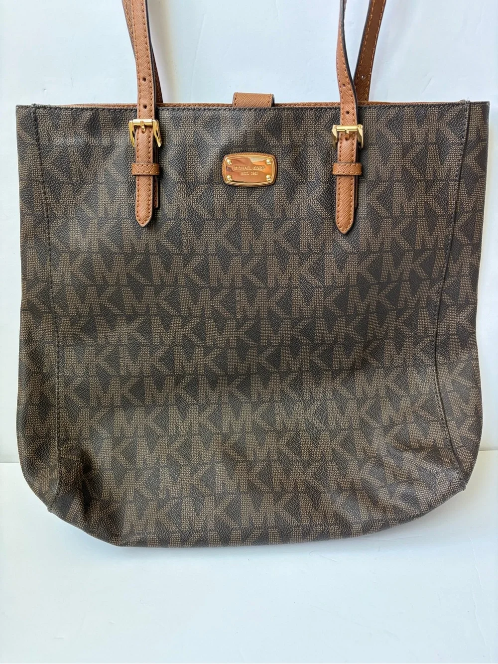 Michael Kors Signature Logo Medium Buckle Strap Tote Bag Brown Signature Canvas